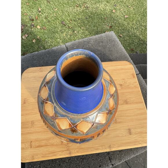 Mid-Century Modern Pergamon Decor Art Pottery Vase Relief Figures Blue 13” Tall - Picture 6 of 8